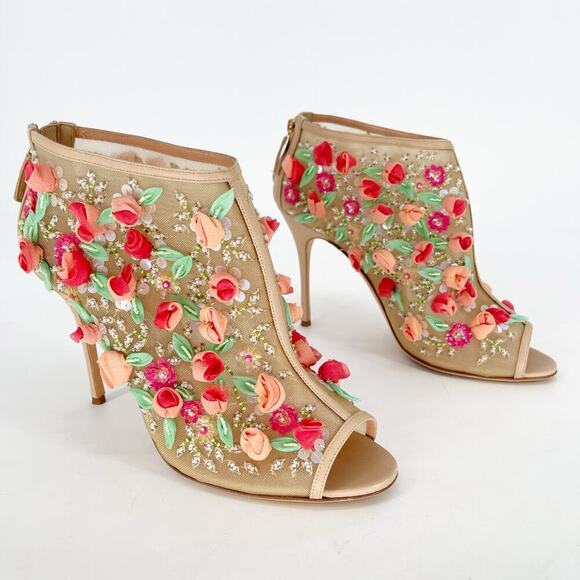 Manolo Blahnik Shoes - Manolo Blahnik Clizia Tan Mesh Bootie with Sequin and Floral Appliqué IT 40.5
